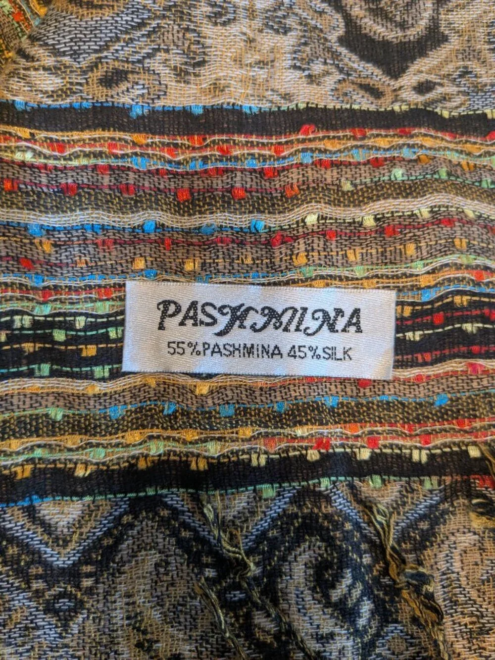 Pashmina Scarf Shawl Wrap Metallic Gold Beige Paisley Jacquard Fringe Evening